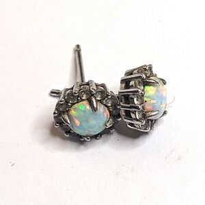 Vintage Signed Kiera Sterling Silver 925 Opal Halo CZ Stud Earrings 8 mm